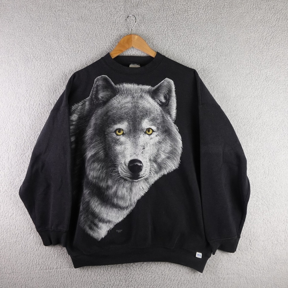 Vintage Discus Athletic Wolf Graphic Sweatshirt Made in USA Black 2XL Heavy